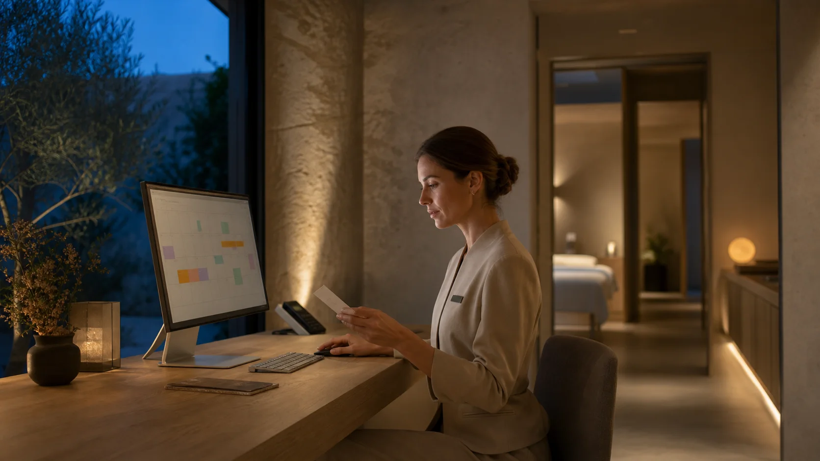Fictional luxury spa reservations manager reviewing an abstract booking calendar at blue hour