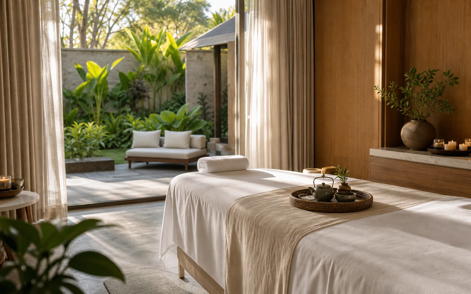 Premium resort spa guest room with treatment table, terrace and tranquil garden view