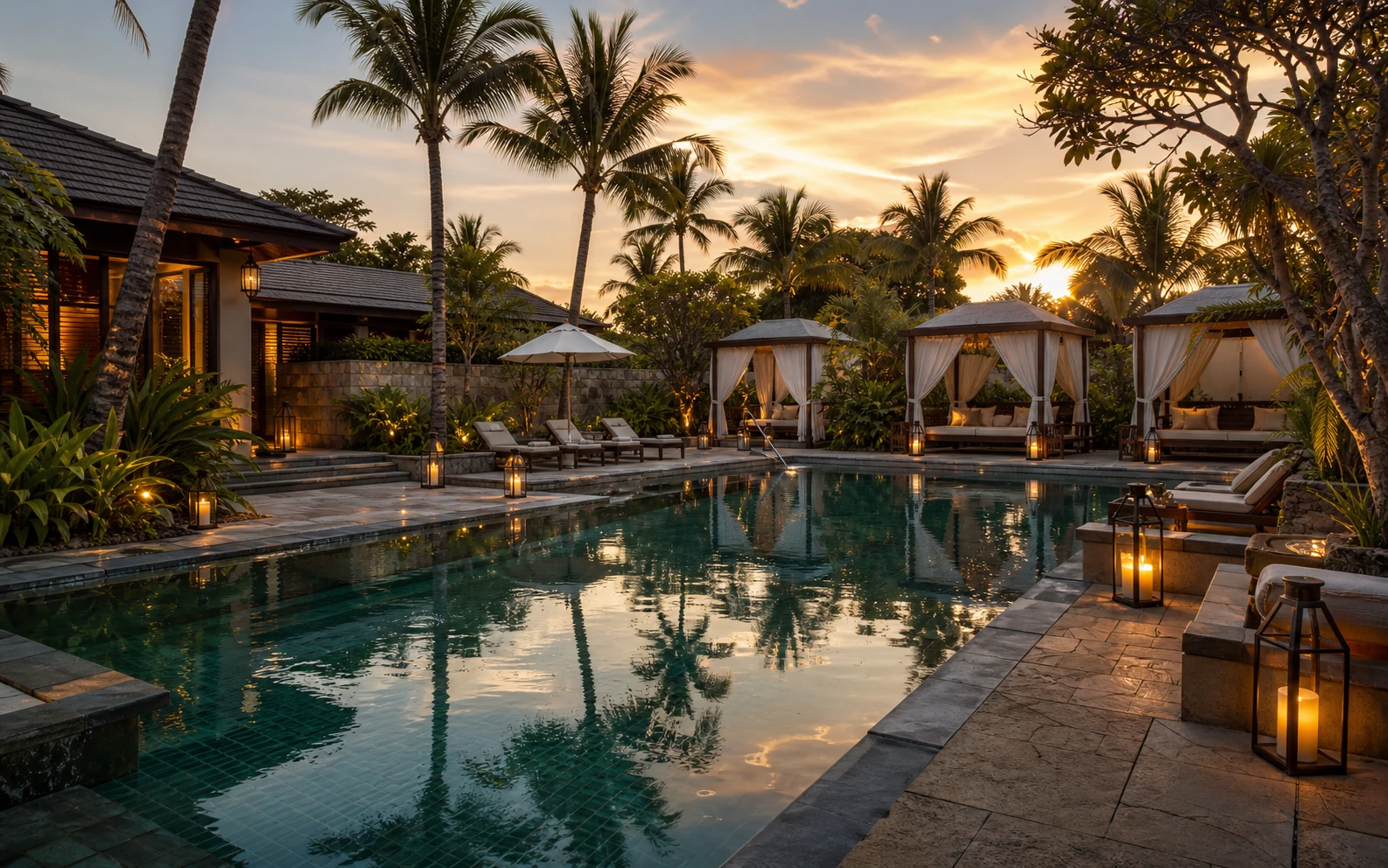 Luxury spa resort pool at sunset with cabanas, palms and a refined wellness retreat mood