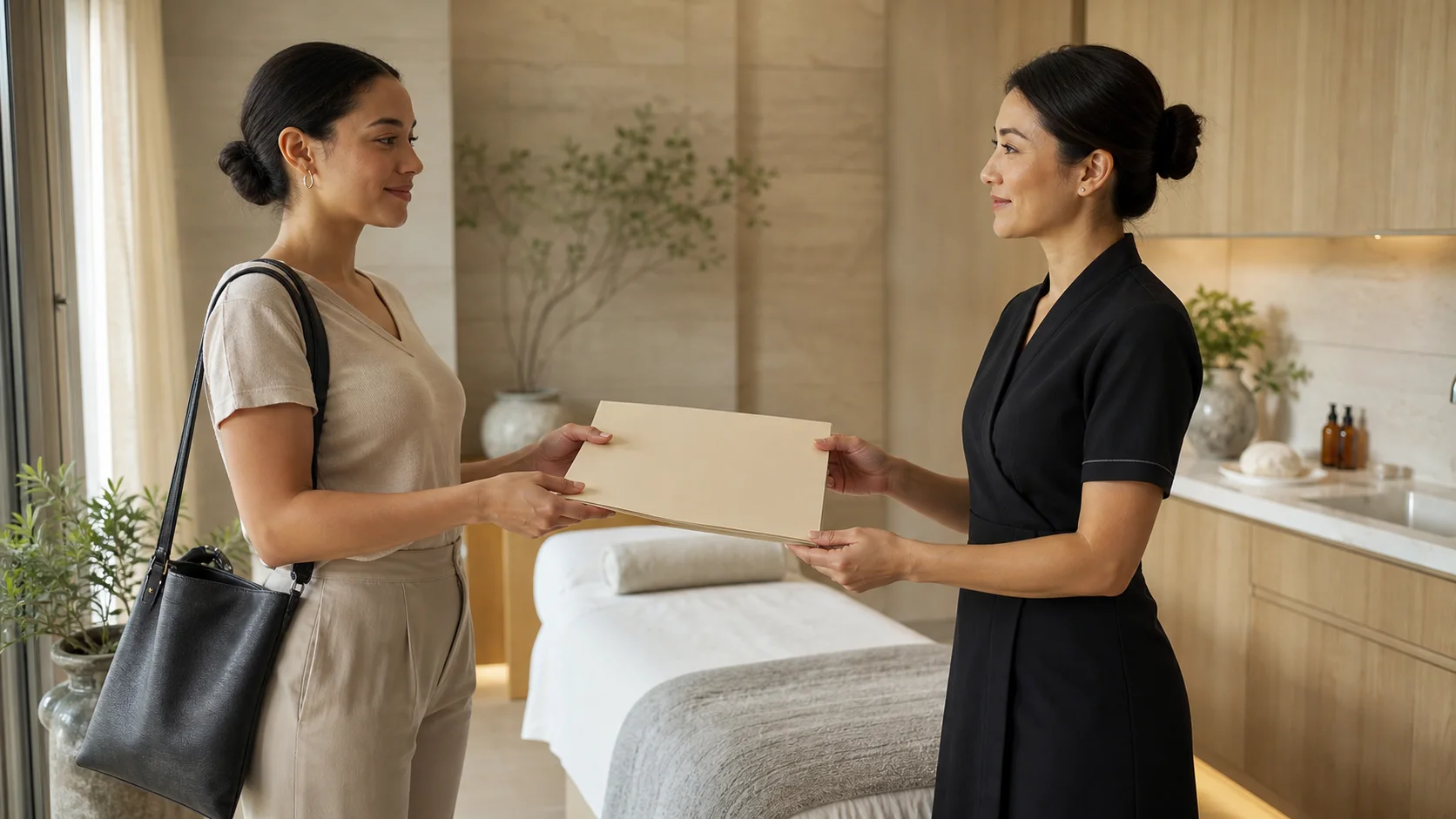 Two fictional spa skincare professionals exchanging a blank onboarding folder in an unbranded treatment room