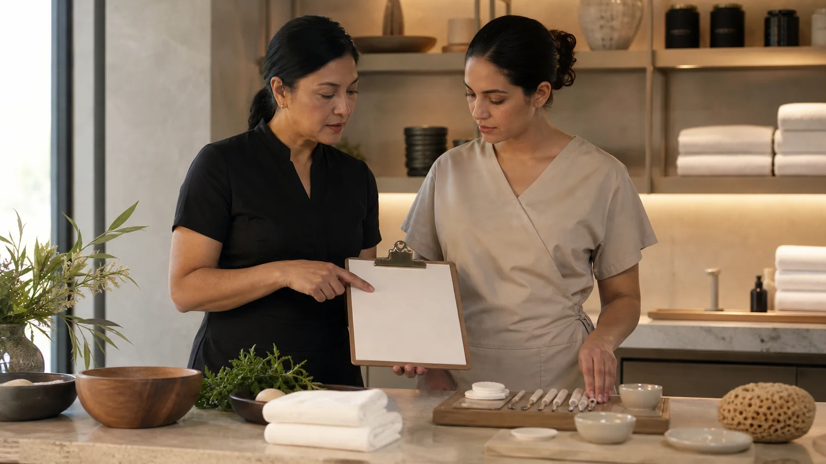 Two fictional spa professionals reviewing a blank protocol board and non-invasive facial tools