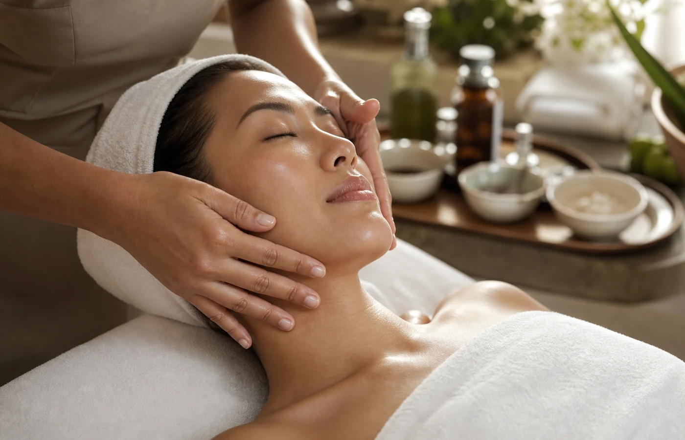 Close-up of esthetician hands applying facial lymphatic drainage strokes during a premium facial treatment