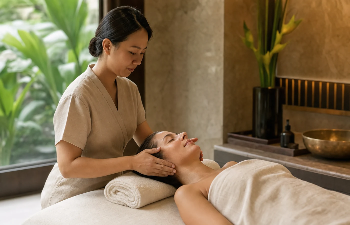 Luxury spa therapist performing gentle facial lymphatic drainage in a warm Bangkok treatment room