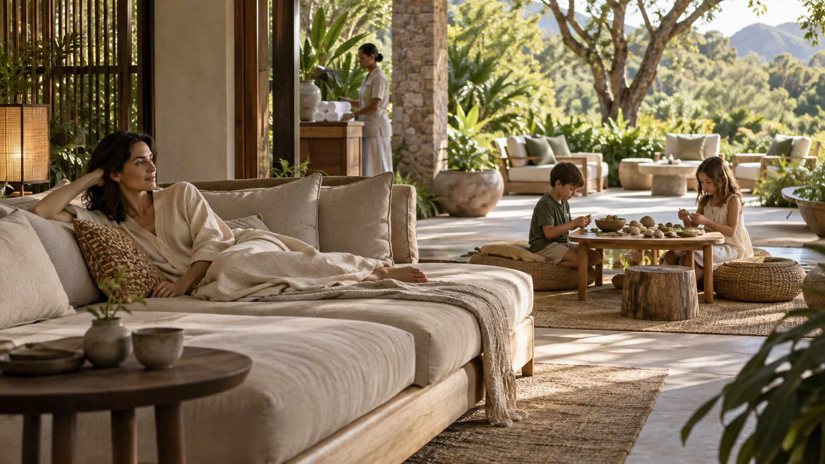 A fictional parent rests within sight of children at a calm nature-play table in a resort lounge
