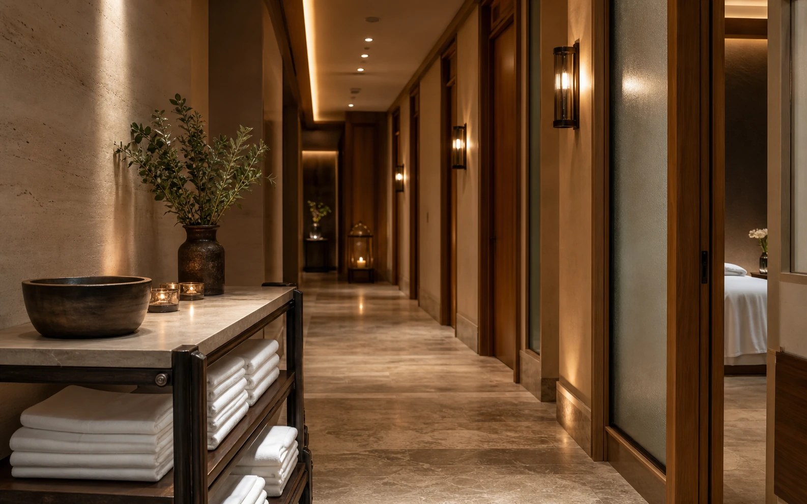 Private spa corridor with linen, candlelight and understated luxury hospitality details