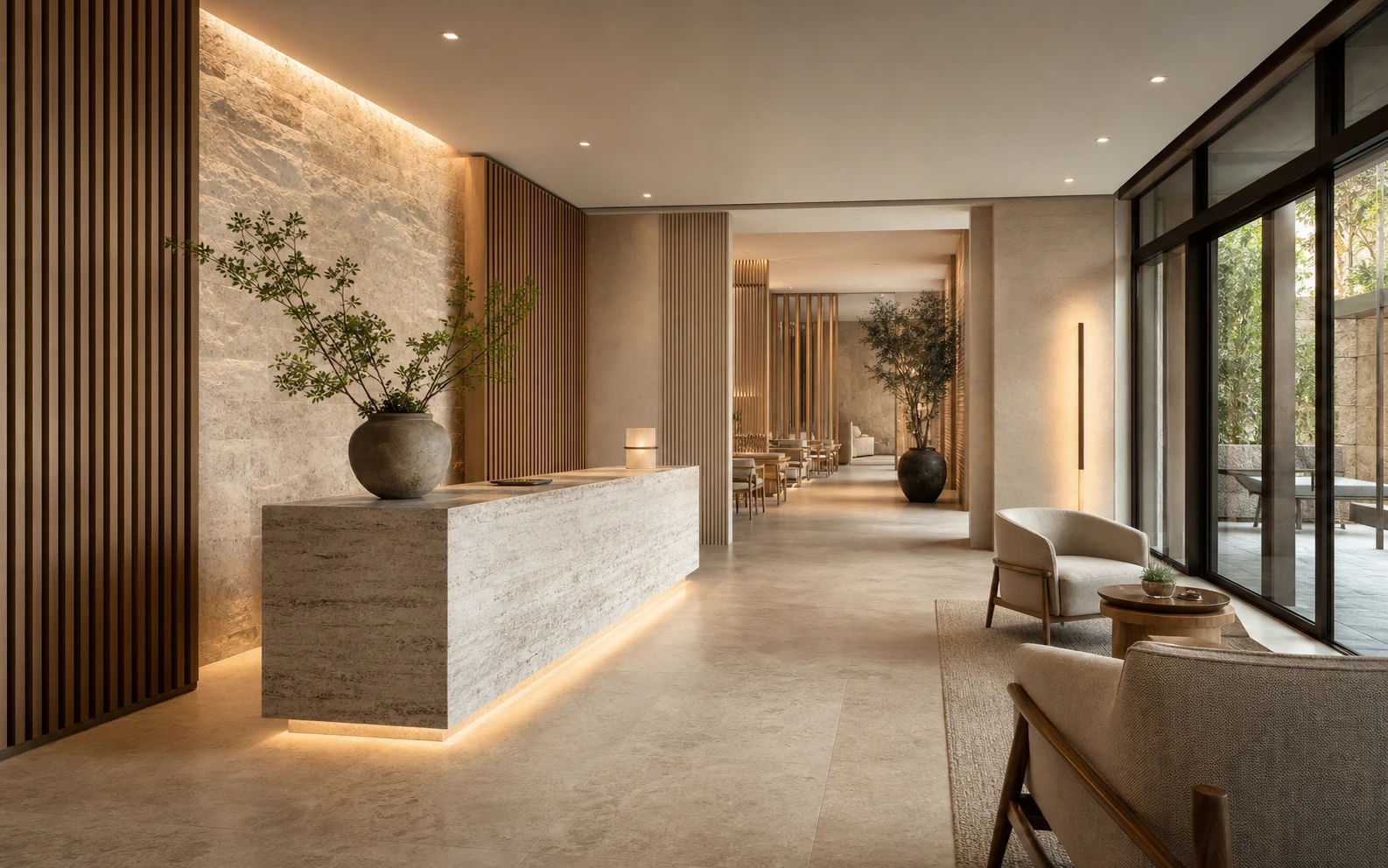 Architectural five-star spa reception with natural stone, warm timber and a quiet luxury mood