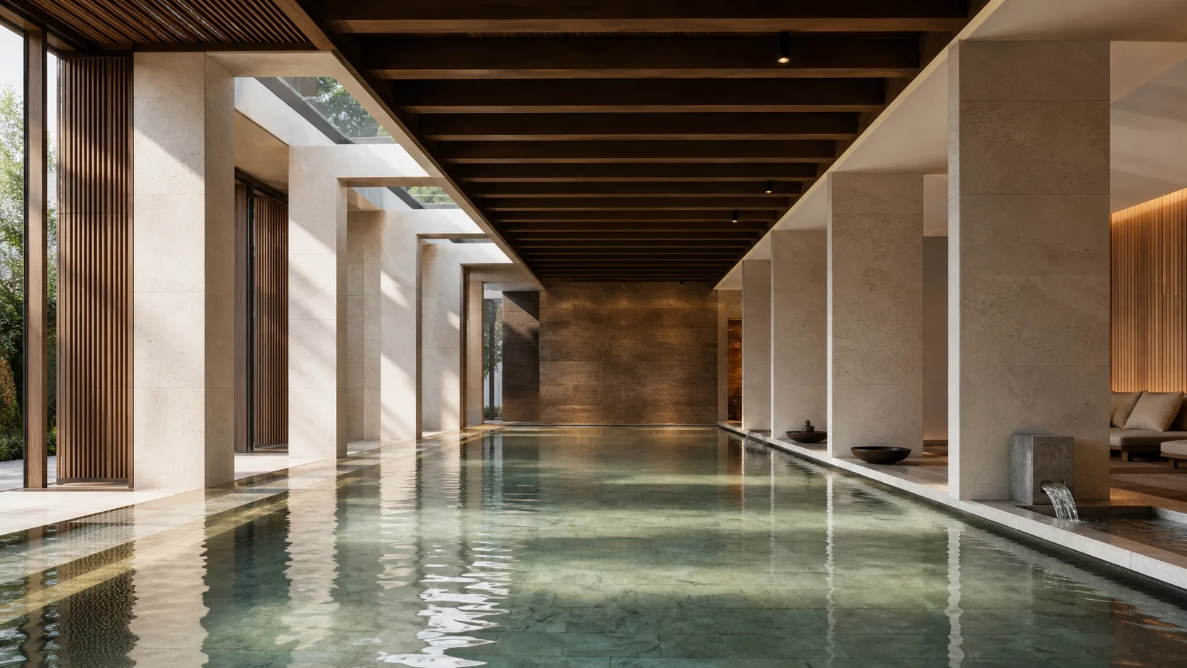 Sunlit contemporary thermal spa with a long mineral pool and timber ceiling