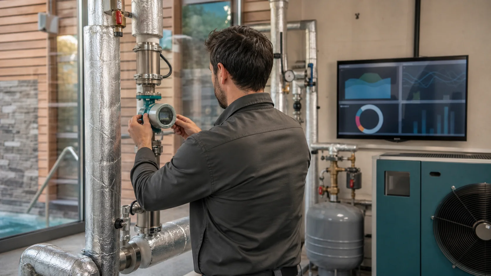 Facilities engineer checking a flow meter beside insulated spa pipes and an abstract monitoring display