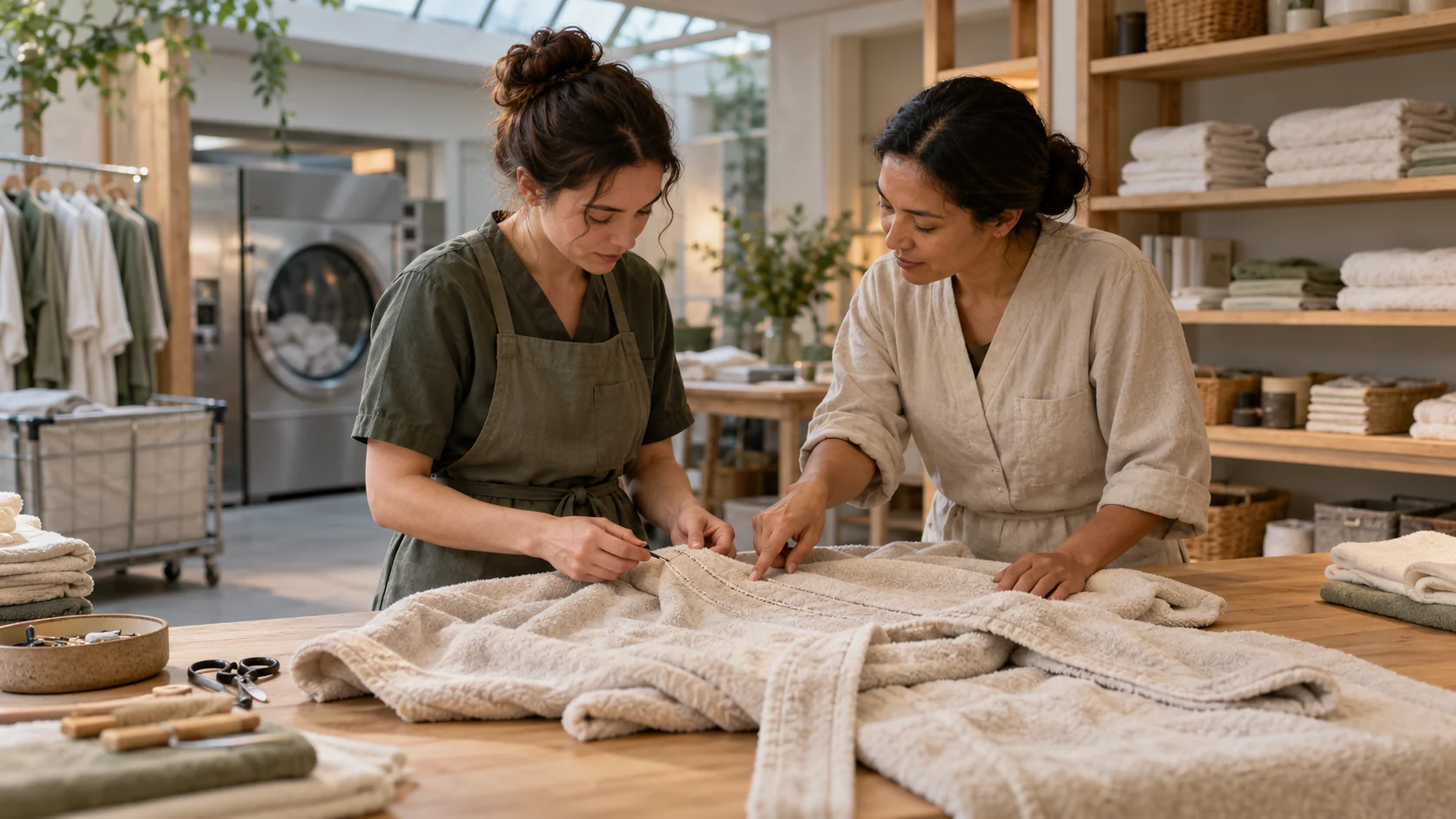 Fictional textile-care professionals inspecting and repairing an unbranded spa robe in a laundry atelier