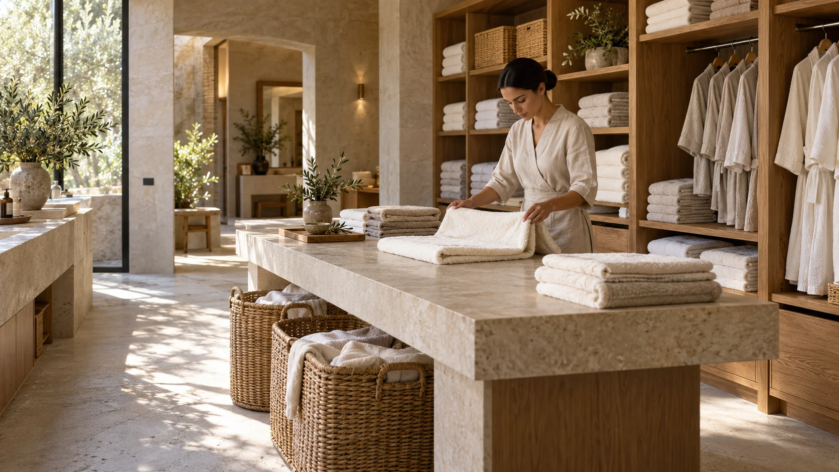 Fictional spa attendant folding unbranded towels in a refined linen room with oak shelves and wicker baskets