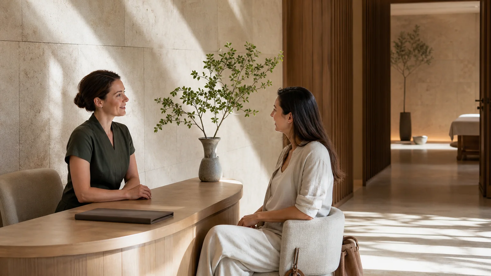 A guest and spa host discuss a visit across an oak desk in a fictional sunlit spa reception