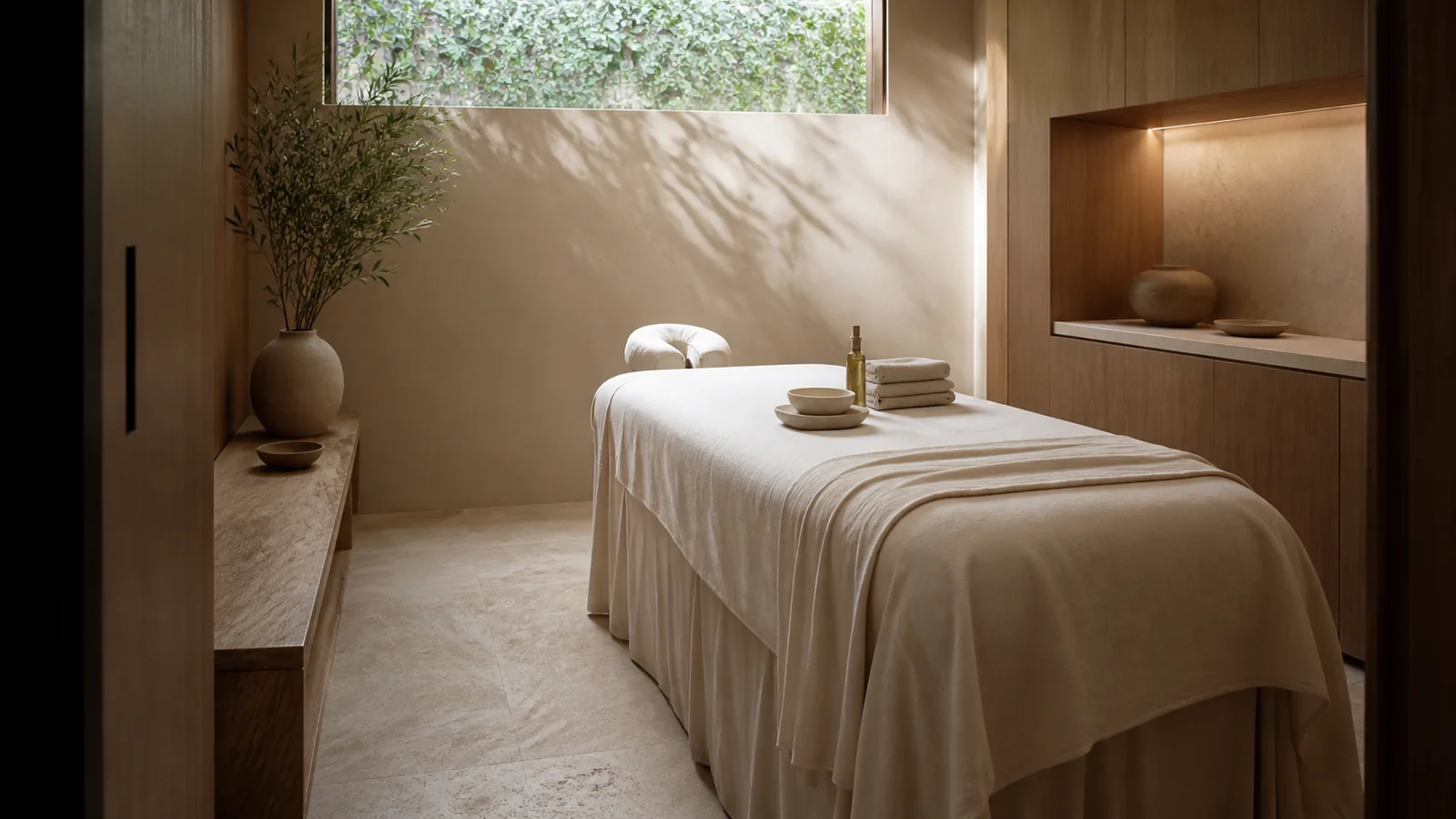 A prepared linen-covered massage table, folded towels and ceramic bowls in a fictional oak-panelled treatment room