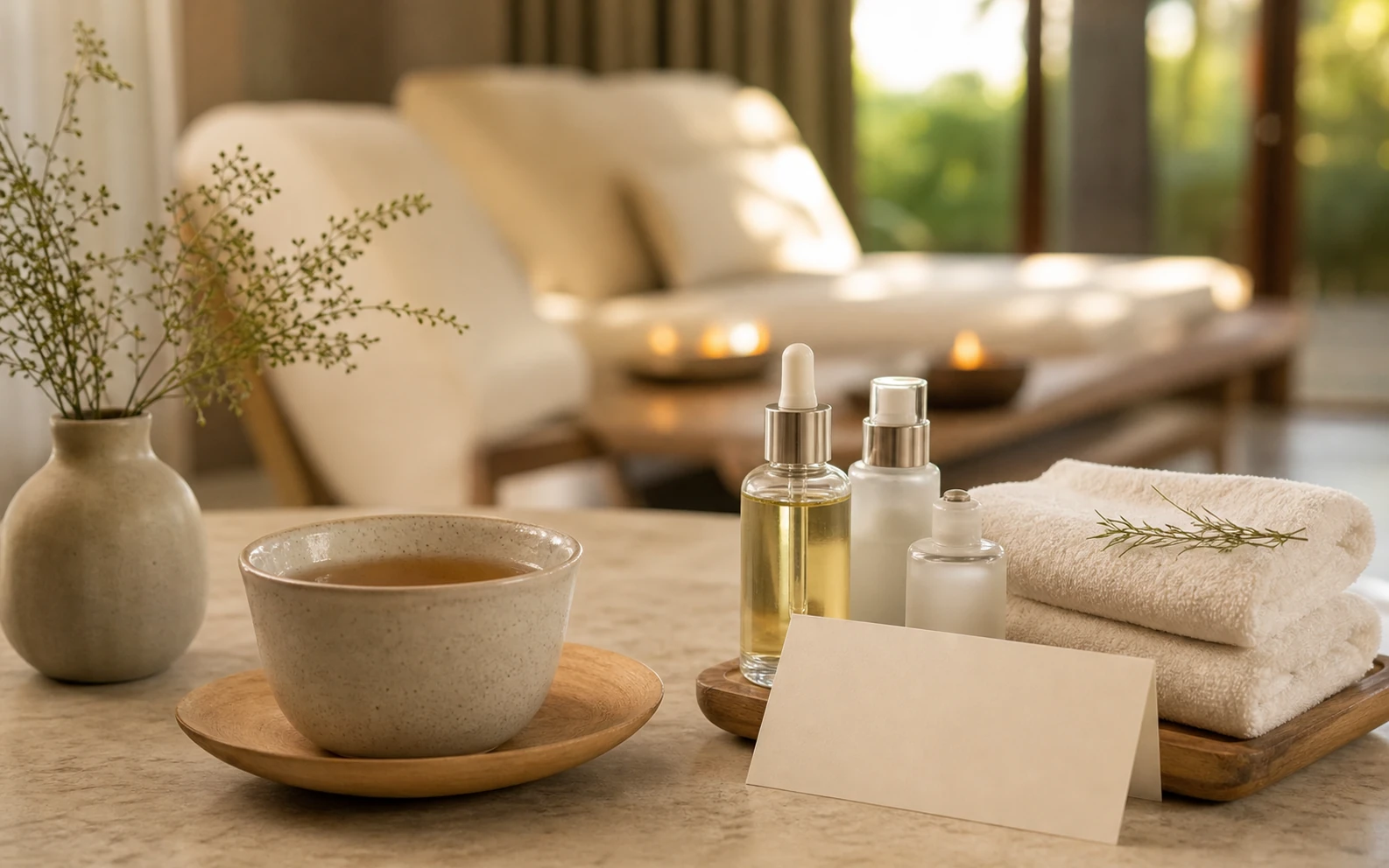 Elegant spa aftercare setting with herbal tea, skincare products and handwritten wellness notes
