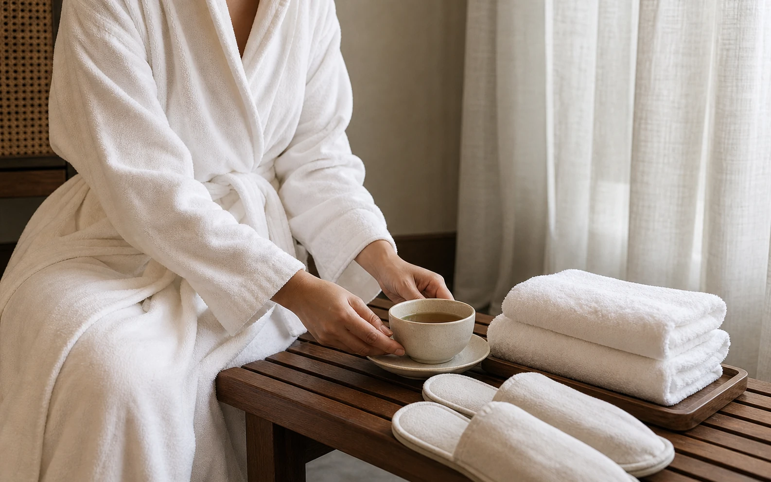 Luxury spa guest preparing for a wellness treatment with robe, tea service and folded towels