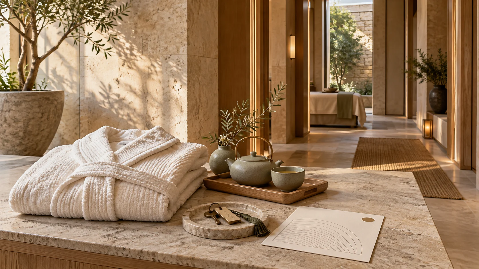 Fictional luxury spa welcome setting with a clear package itinerary, folded robe, tea and treatment-room key