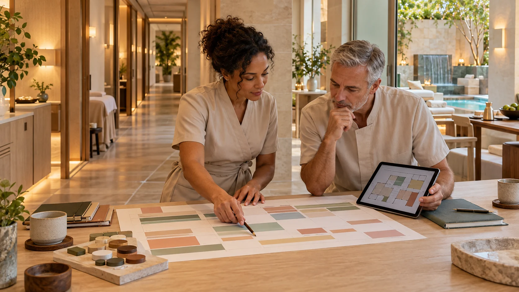 Fictional spa operations team calmly reviewing package capacity across treatment rooms, thermal access and dining
