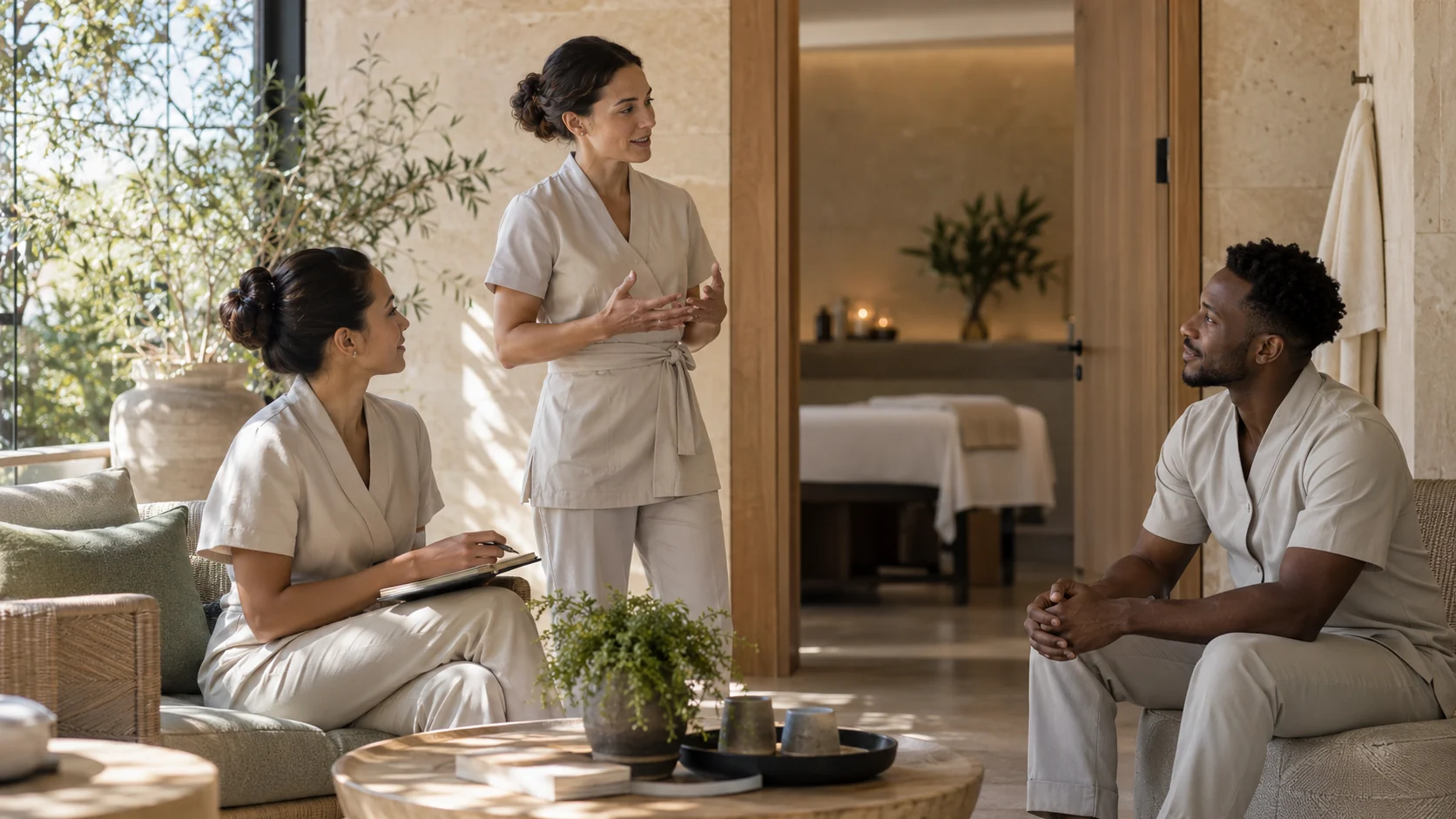 Fictional luxury spa team holding a calm pre-shift wellbeing briefing