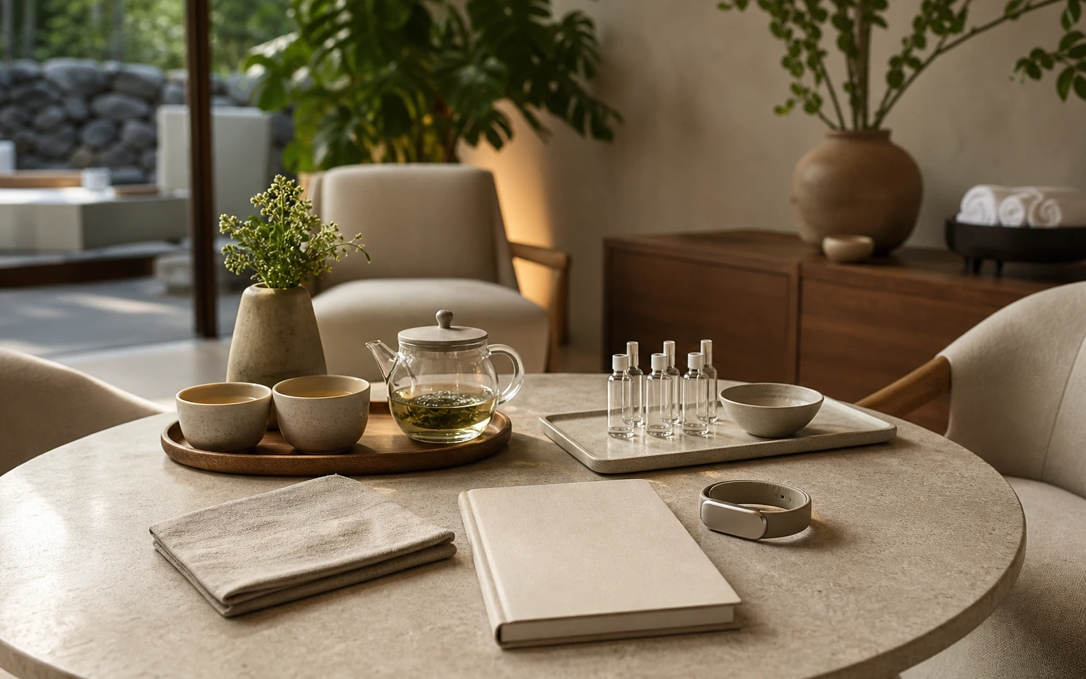 Elegant wellness consultation lounge with tea service, skincare vials and a calm spa atmosphere