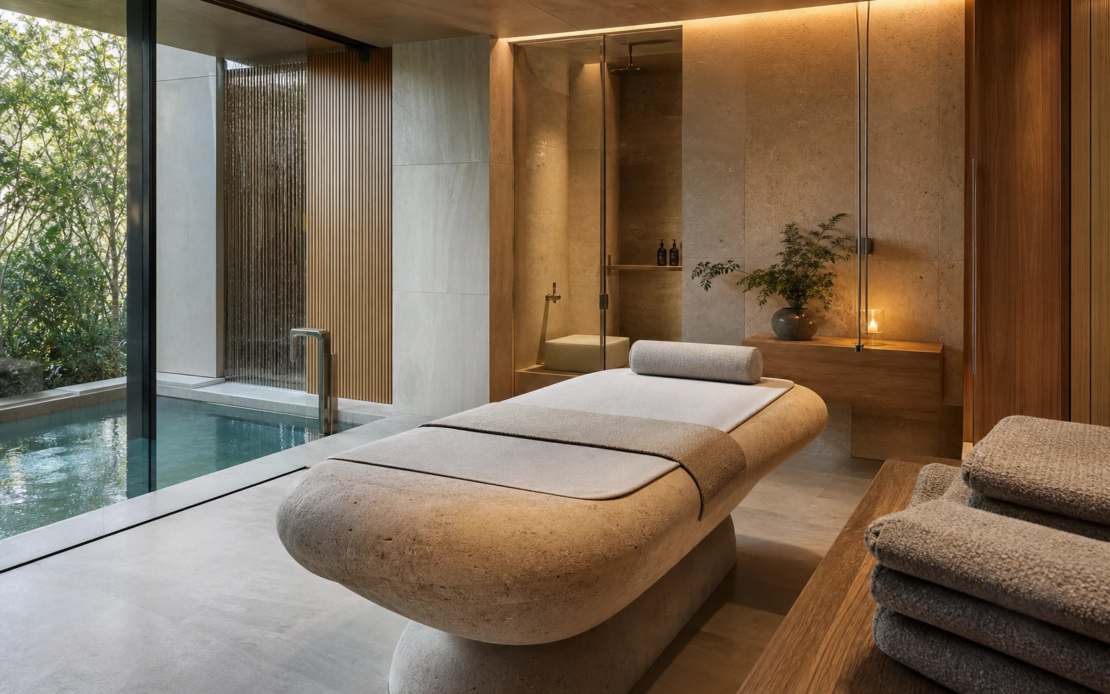 Modern luxury spa suite with stone treatment bed, warm indirect lighting and private hydrotherapy area