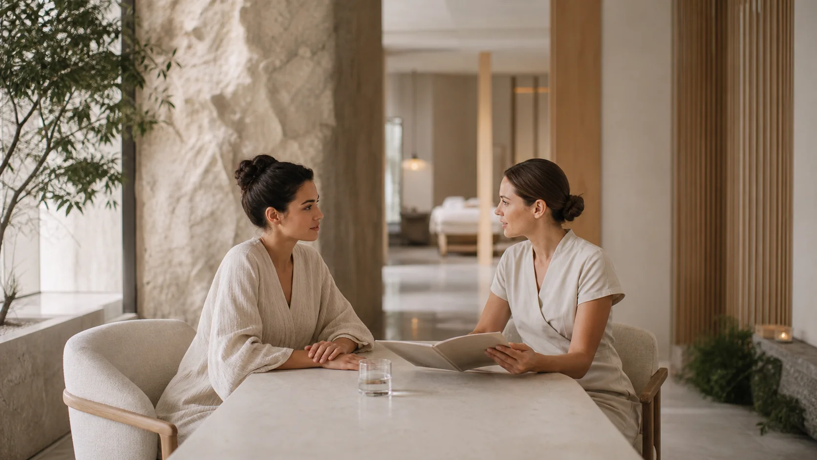 Spa professional explaining an unbranded treatment information folder to an adult guest in a fictional luxury wellness interior