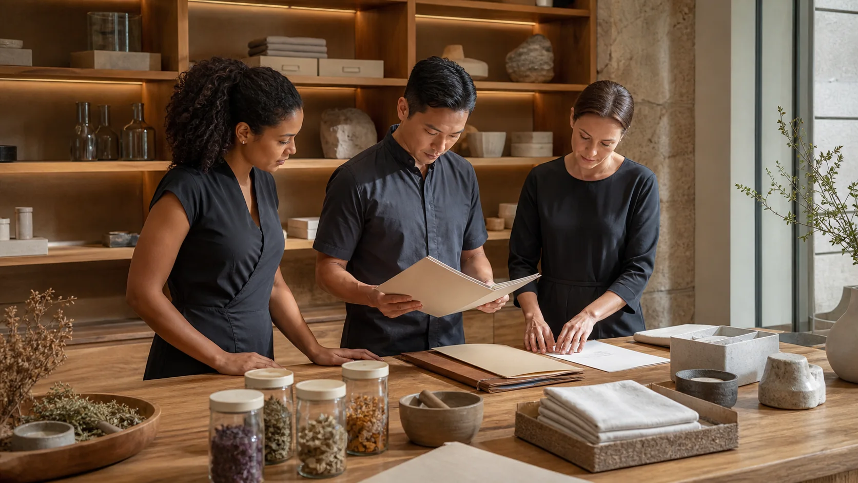 Diverse fictional spa team reviewing an unbranded treatment protocol and botanical materials around an oak worktable