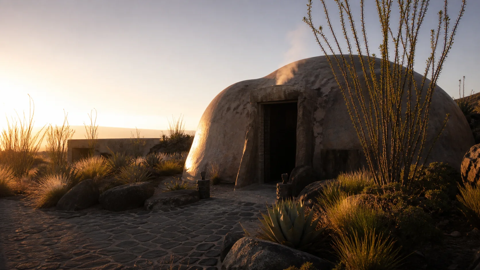 Fictional contemporary earthen temazcal pavilion in a Mexican high-desert landscape at dawn