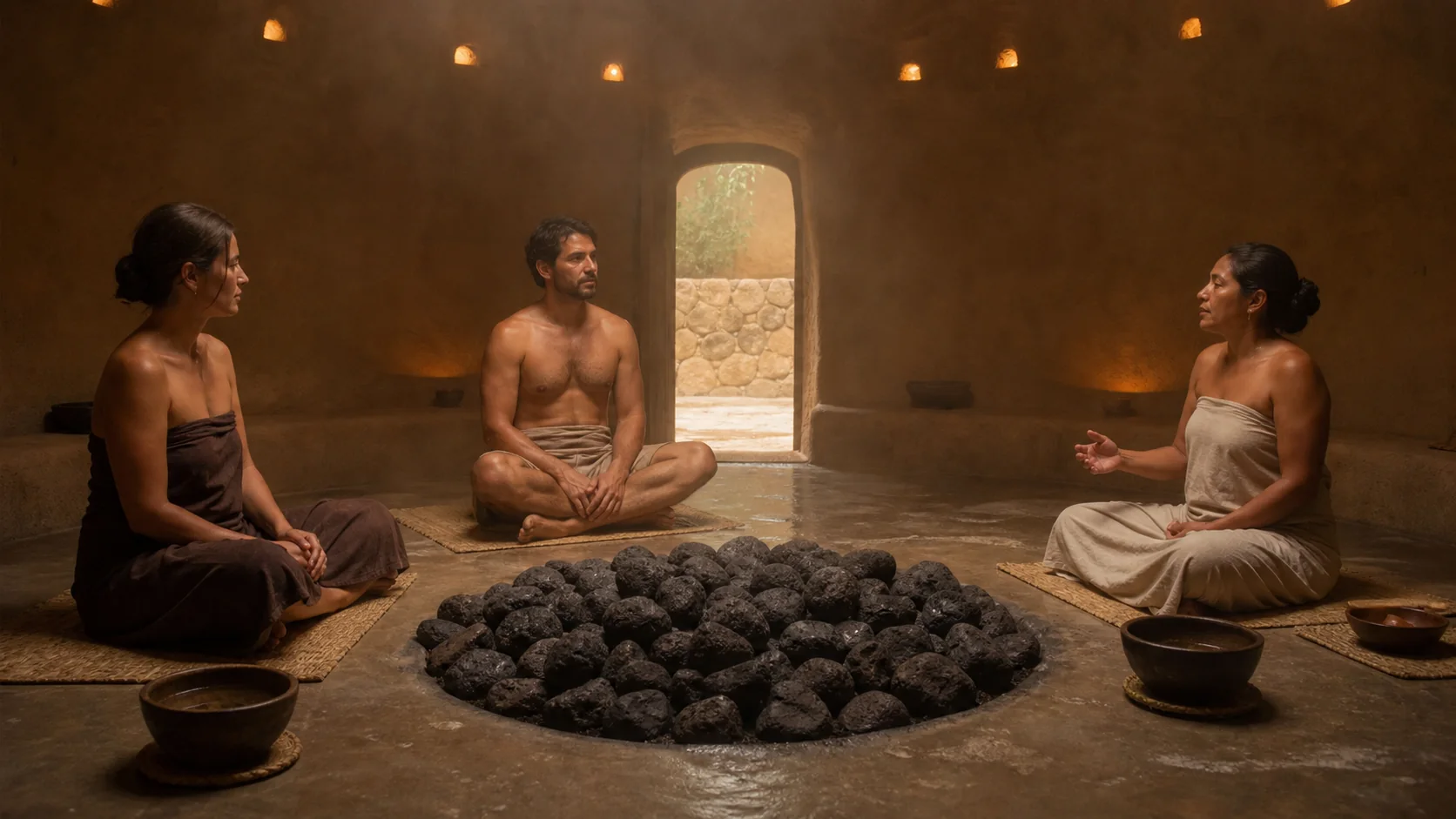 Fictional earthen temazcal interior with two adult guests and a wellness host seated around volcanic stones