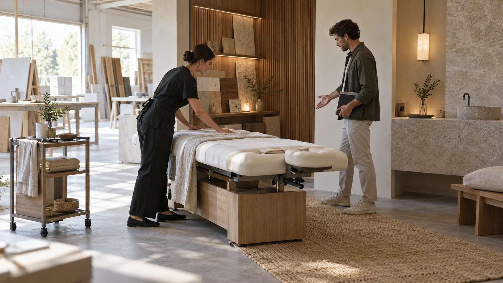 Fictional spa therapist and architect testing a full-scale treatment-room prototype