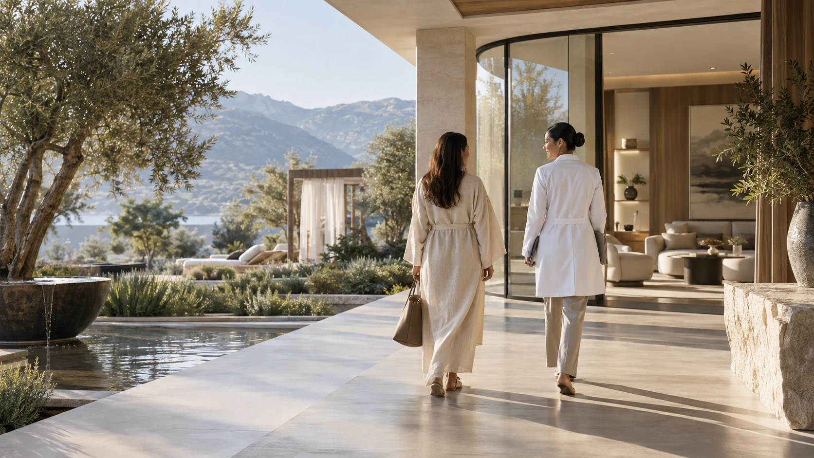 A guest and physician walk through a fictional grand-luxury medical wellness retreat in a mountain garden