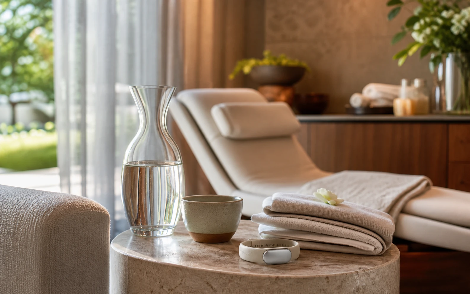 Luxury wellness concierge lounge with calm recovery details