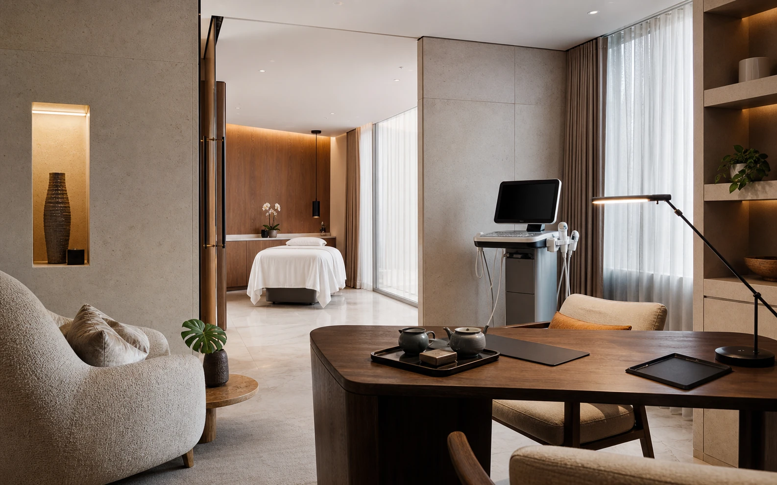 Luxury medical wellness consultation suite prepared for an advanced skin rejuvenation program
