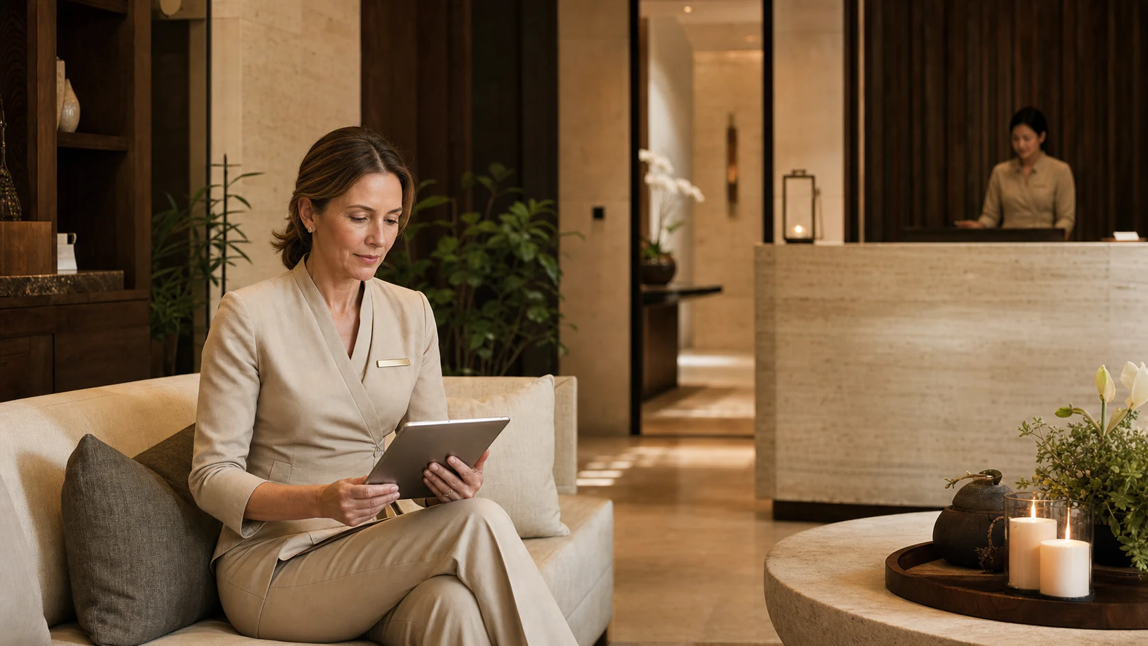 Luxury spa director calmly reviewing guest feedback on a tablet in a five-star reception lounge