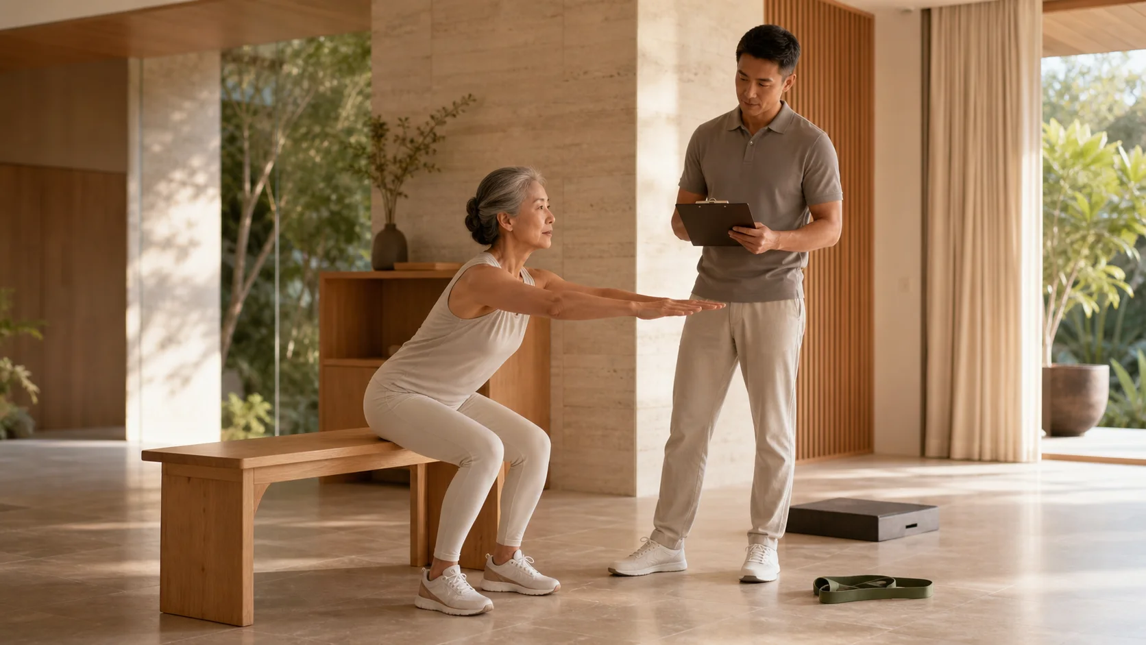 Older woman completing a controlled chair-rise assessment while a movement professional observes