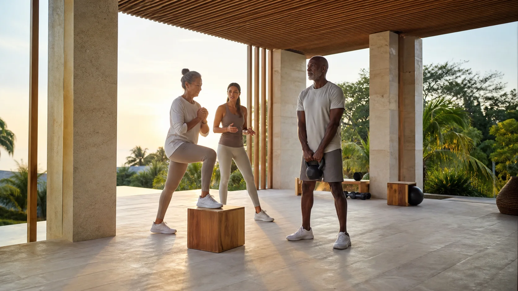 Two older adults practising functional strength and balance with a movement professional in an open-air wellness pavilion
