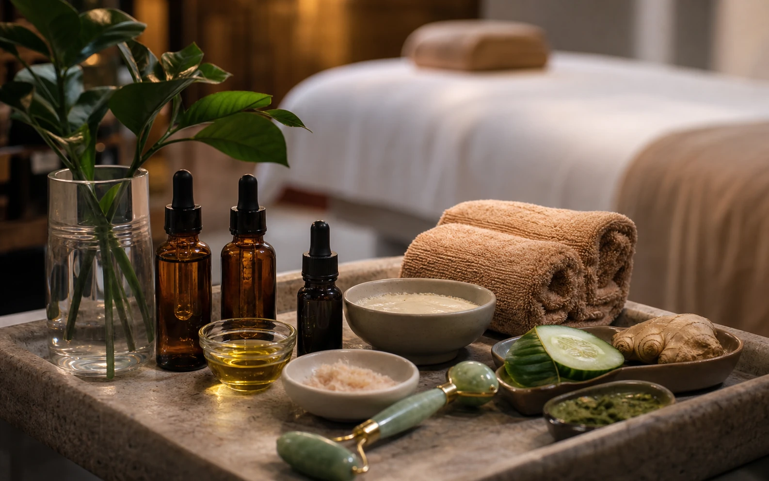Luxury spa treatment tools and botanical oils prepared for a signature ritual