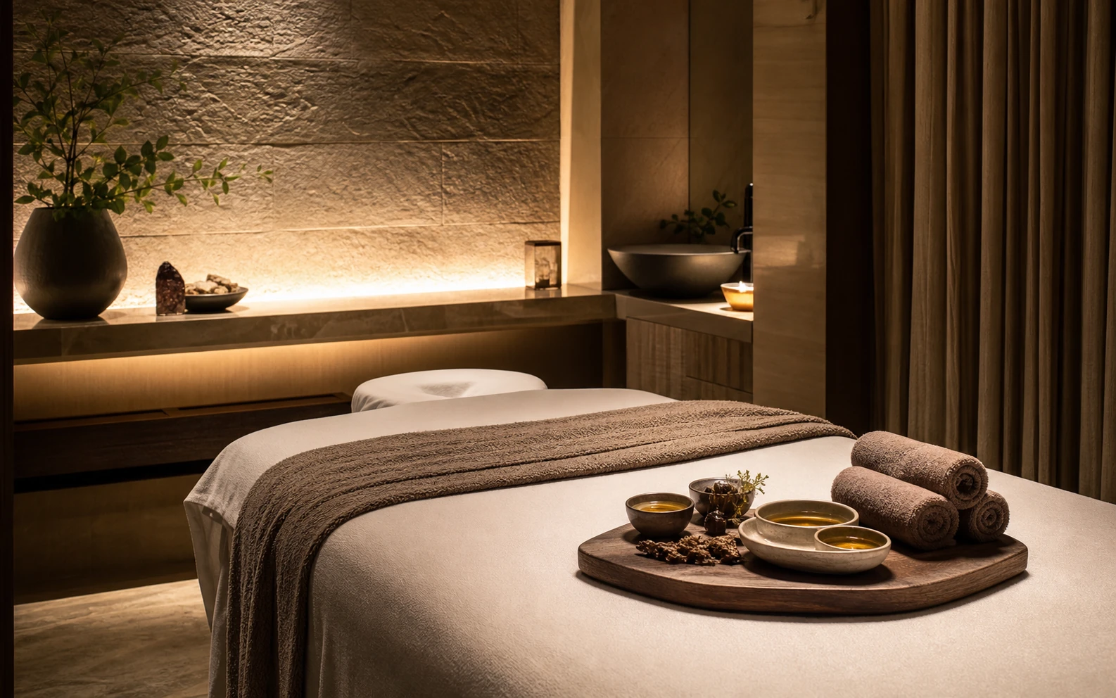 Luxury spa treatment room prepared for a signature massage with linen, oils and a glowing wall niche