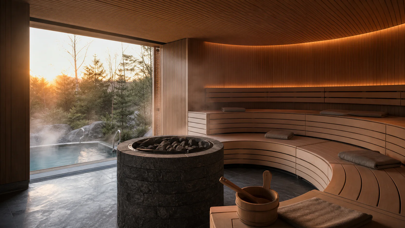 Curved timber benches, stone heater and cold plunge prepared for a shared sauna ritual