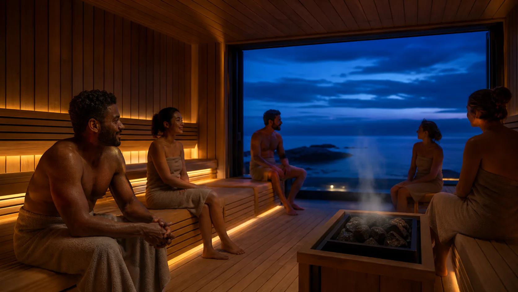 Diverse adult guests sharing a contemporary timber sauna overlooking the coast at blue hour