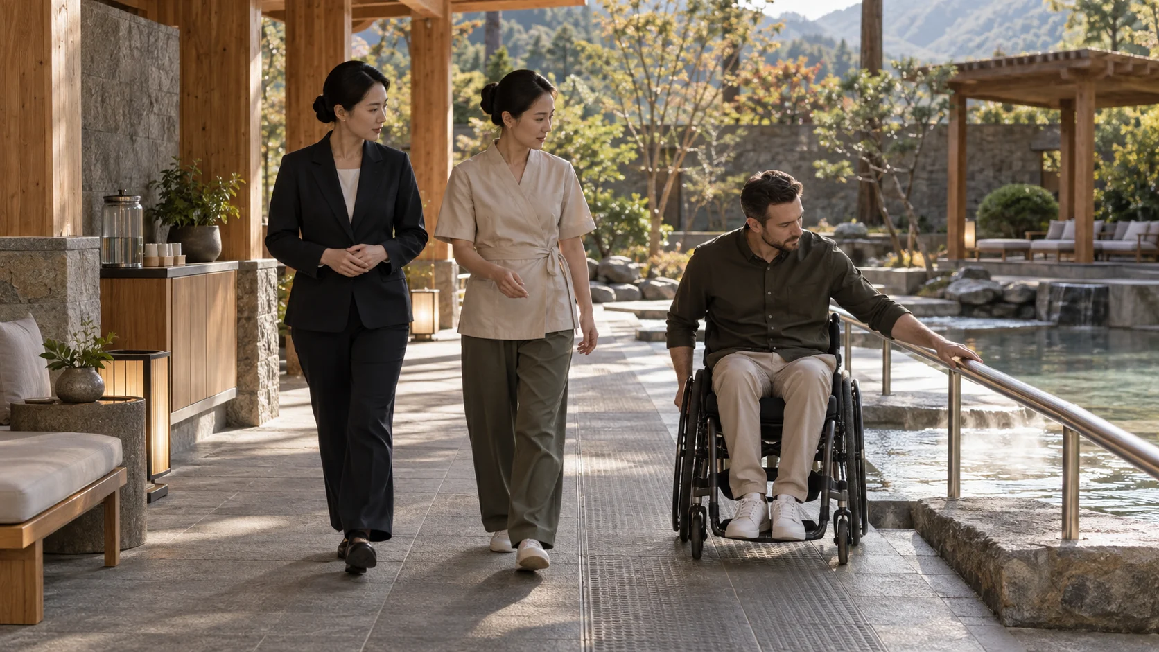 Fictional Korean wellness professionals and a wheelchair user reviewing an accessible thermal-facility route