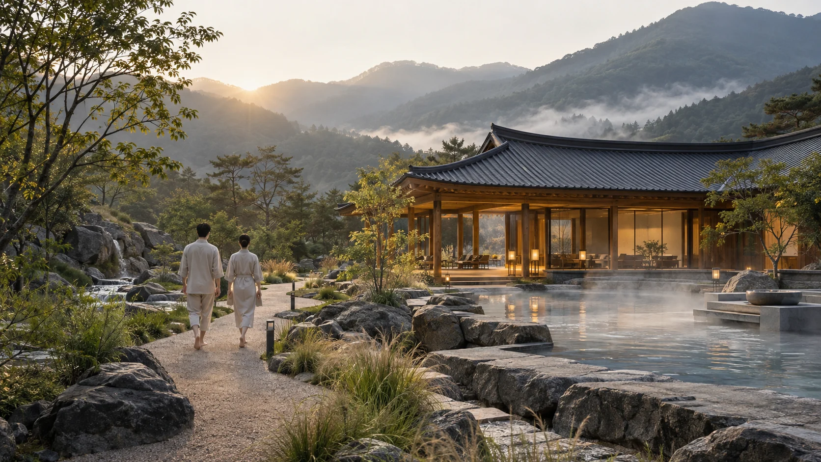Two fictional guests walking through a mountain wellness landscape towards a Korean-inspired pavilion