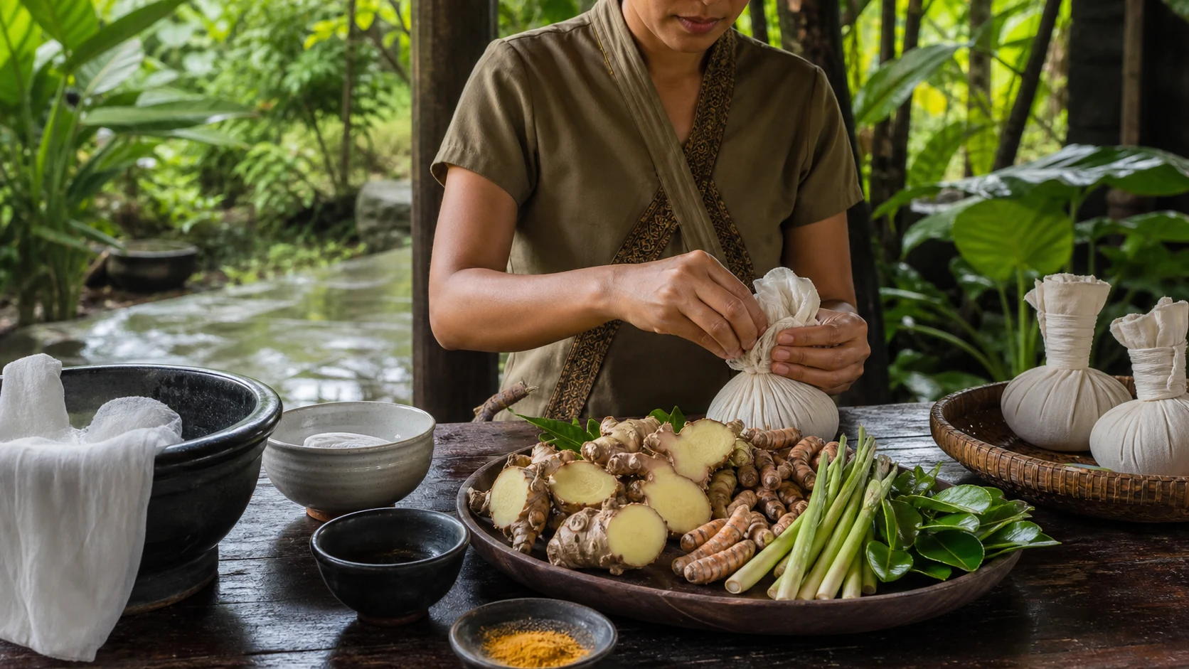 Thai wellness practitioner preparing herbal compresses with plai lemongrass turmeric and kaffir lime leaves