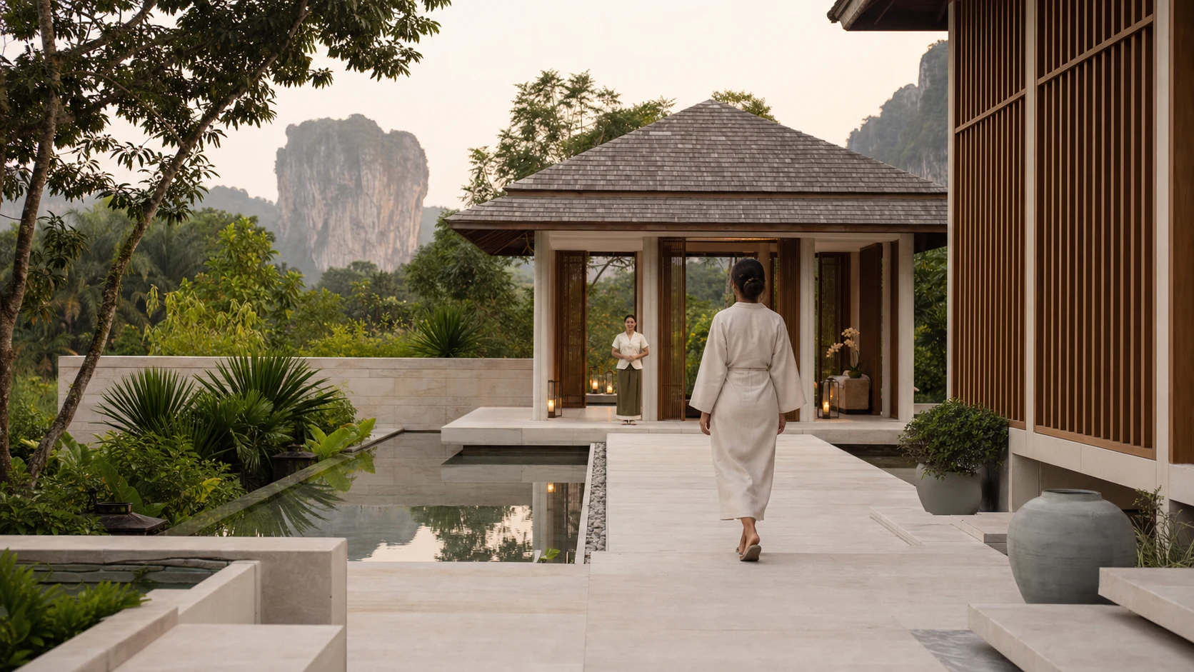 Guest approaching a contemporary Thai wellness pavilion surrounded by tropical landscape at dawn