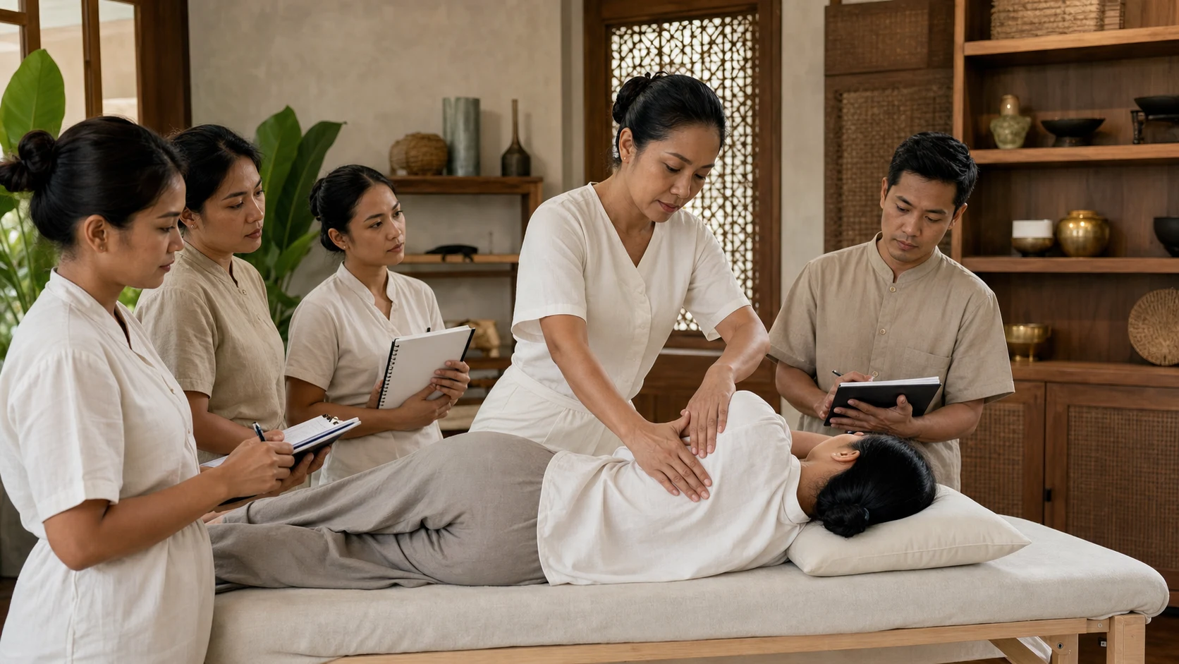 Thai wellness professionals observing a practical therapist training session in a refined studio