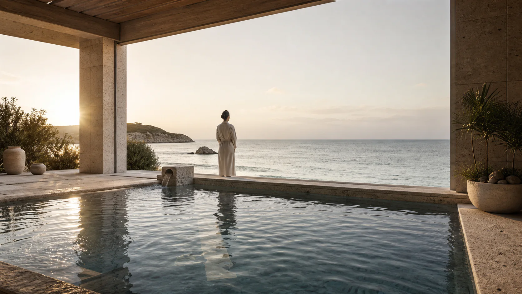 Fictional coastal thalassotherapy pavilion with a seawater pool open to the marine horizon