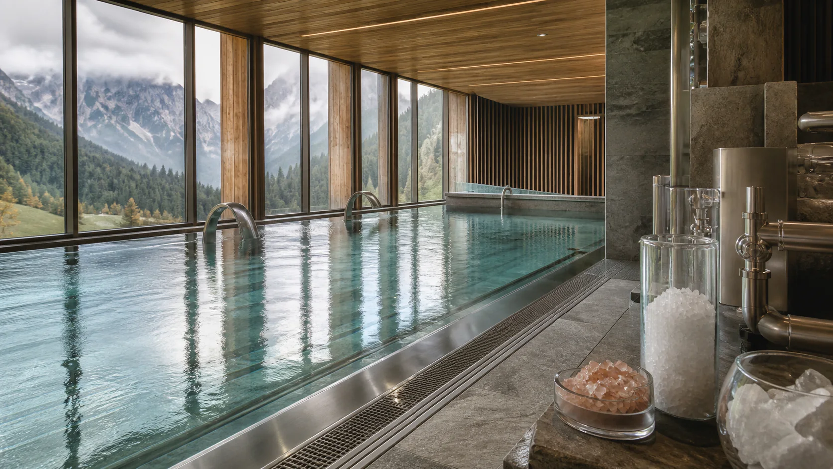 Fictional high-altitude mineral pool illustrating a thalasso-inspired spa without a coastal setting