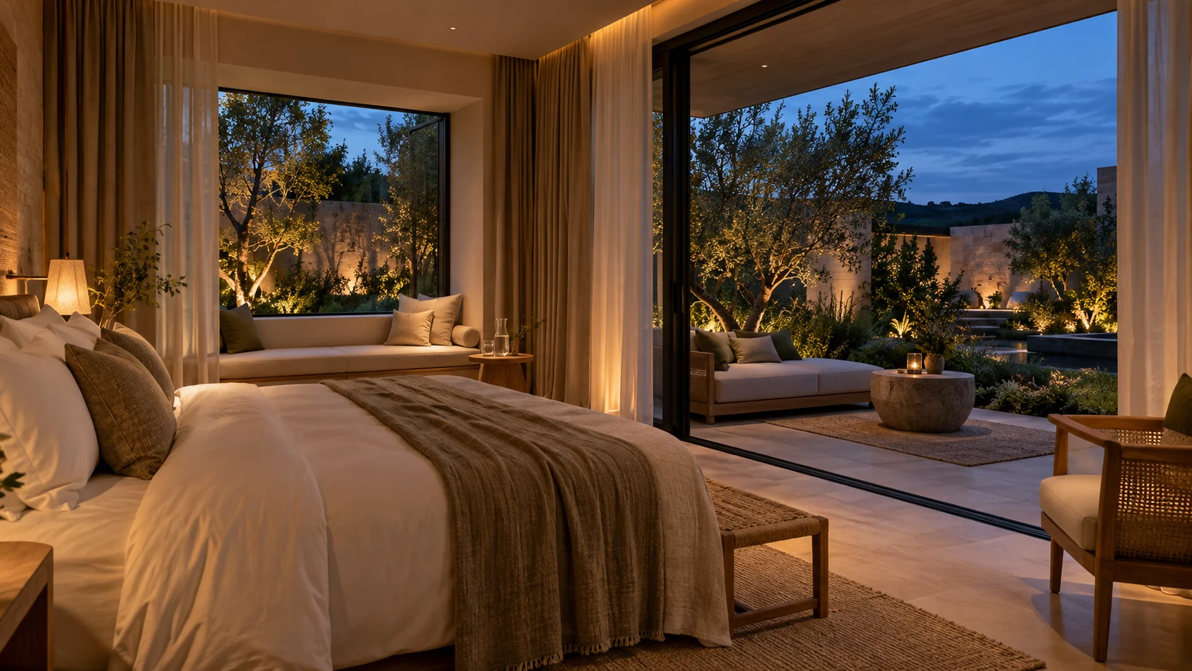 Fictional luxury hotel suite designed for deep rest with warm low lighting and a planted garden terrace at blue hour